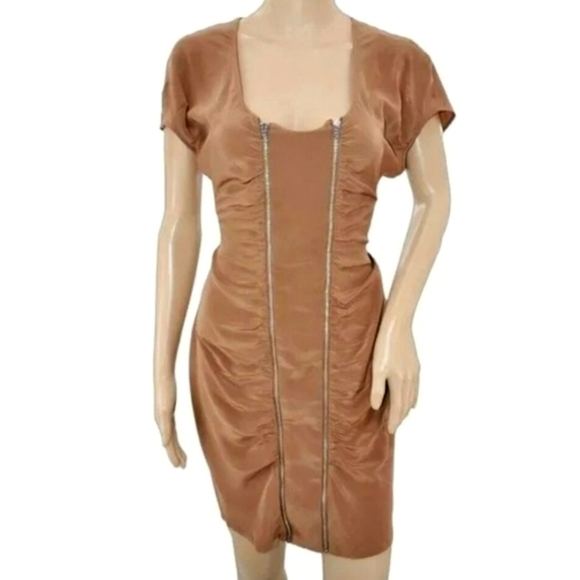 Ali Ro Anthropologie Silk Taupe Shift Dress with Double Zipper - Picture 1 of 7